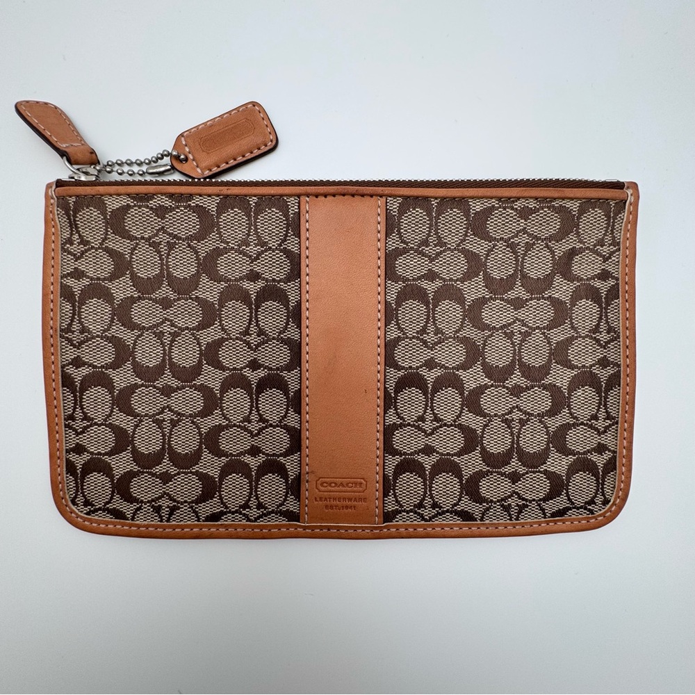 Vintage Coach Y2K Signature Jacquard Skinny Case Khaki Leather Trim No 6052